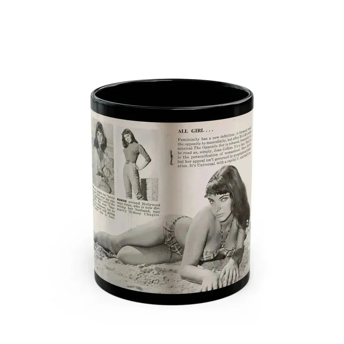 Joan Collins #686 - 2 Pages, 3 B&W Photos, Captions & Article Start from Picture Week 3-27-56 (Vintage Female Icon) Black Coffee Mug 11oz - Go Mug Yourself