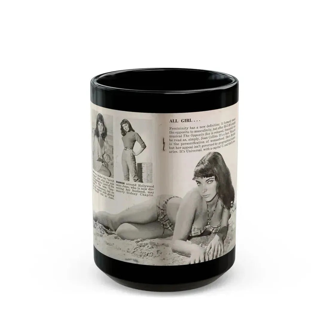 Joan Collins #686 - 2 Pages, 3 B&W Photos, Captions & Article Start from Picture Week 3-27-56 (Vintage Female Icon) Black Coffee Mug 15oz - Go Mug Yourself