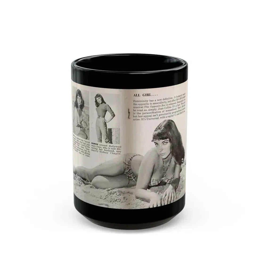 Joan Collins #686 - 2 Pages, 3 B&W Photos, Captions & Article Start from Picture Week 3-27-56 (Vintage Female Icon) Black Coffee Mug 15oz - Go Mug Yourself