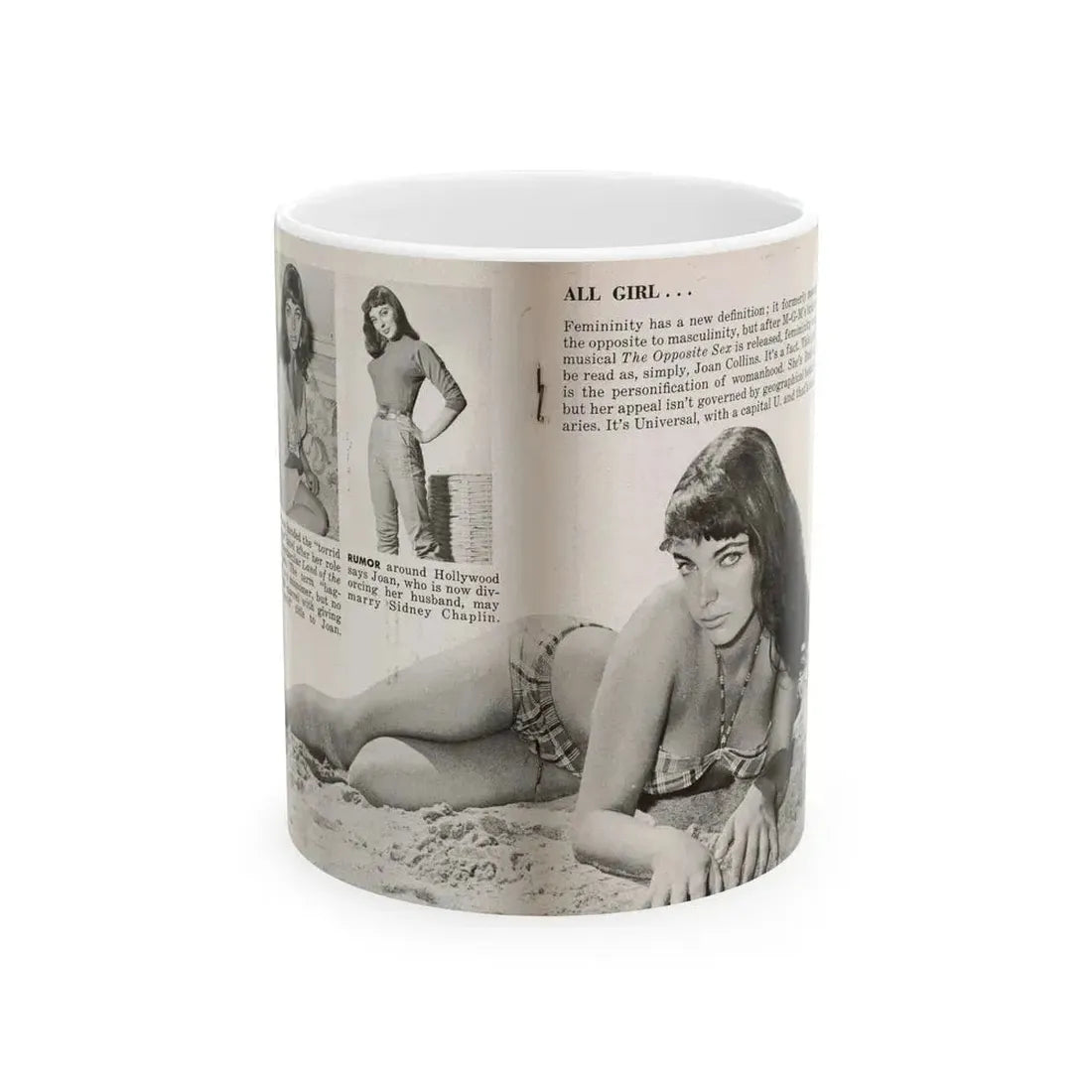Joan Collins #686 - 2 Pages, 3 B&W Photos, Captions & Article Start from Picture Week 3-27-56 (Vintage Female Icon) White Coffee Mug 11oz - Go Mug Yourself