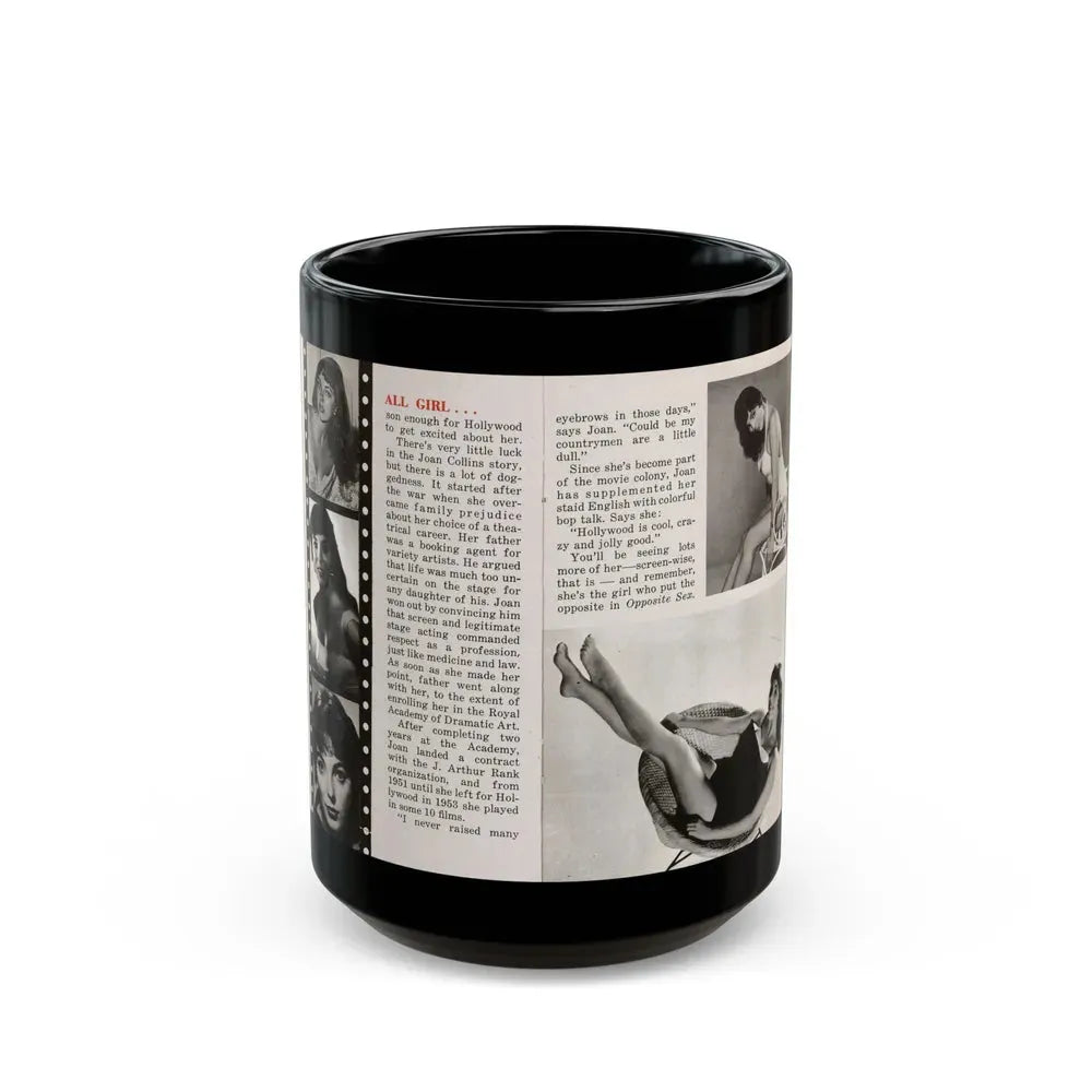 Joan Collins #687 - 2 Pages, 5 B&W Photos & Article Ending from Picture Week 3-27-56 (Vintage Female Icon) Black Coffee Mug 15oz - Go Mug Yourself