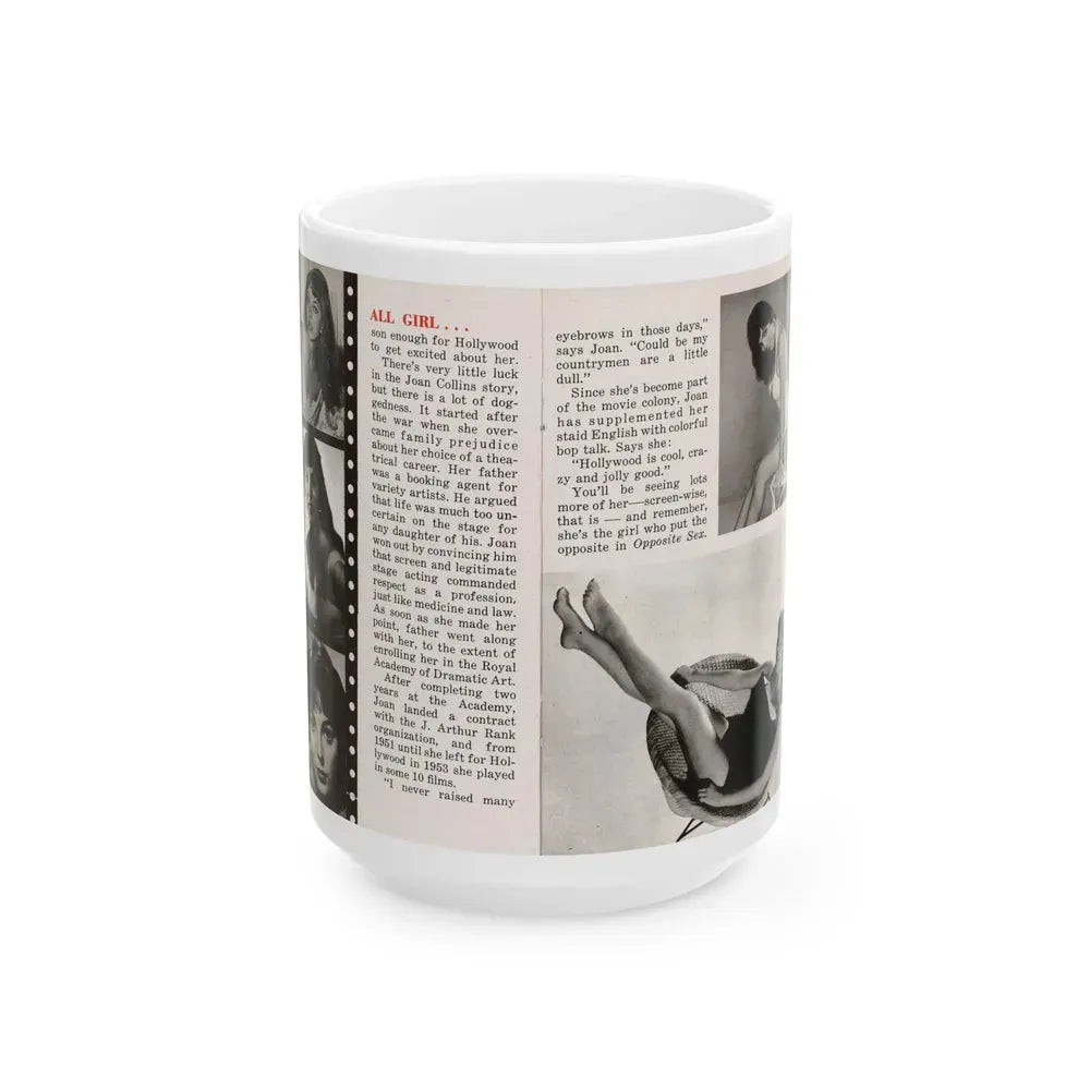 Joan Collins #687 - 2 Pages, 5 B&W Photos & Article Ending from Picture Week 3-27-56 (Vintage Female Icon) White Coffee Mug 15oz - Go Mug Yourself