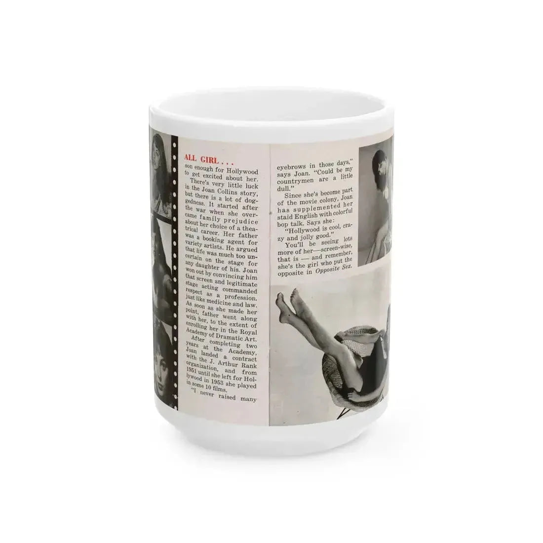 Joan Collins #687 - 2 Pages, 5 B&W Photos & Article Ending from Picture Week 3-27-56 (Vintage Female Icon) White Coffee Mug 15oz - Go Mug Yourself