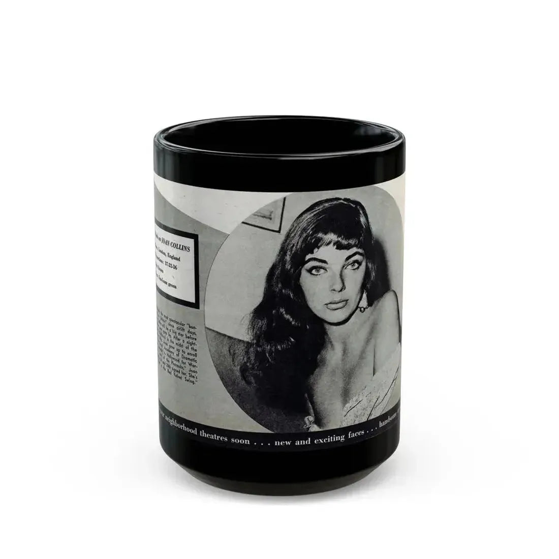 Joan Collins #688 - 1 B&W Portrait Head & Sholder Glamour Shot from Movie Star Magazine Circa 1950's (Vintage Female Icon) Black Coffee Mug 15oz - Go Mug Yourself