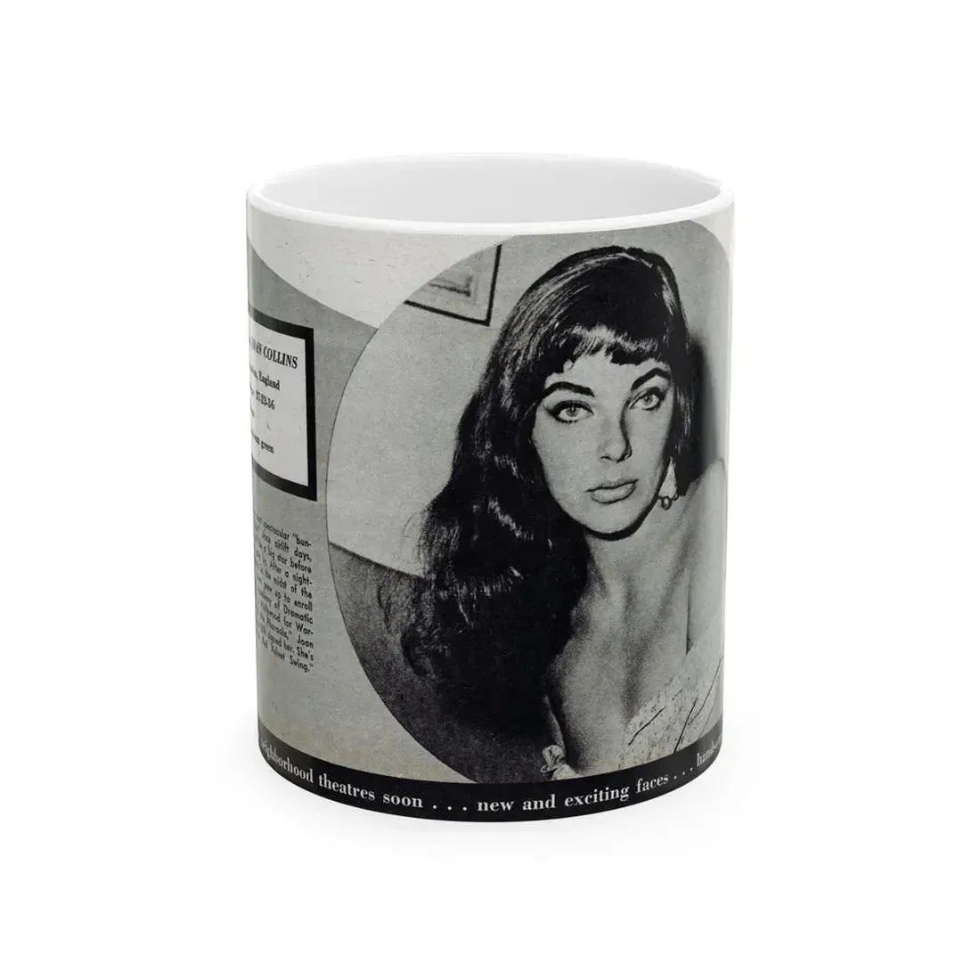 Joan Collins #688 - 1 B&W Portrait Head & Sholder Glamour Shot from Movie Star Magazine Circa 1950's (Vintage Female Icon) White Coffee Mug 11oz - Go Mug Yourself