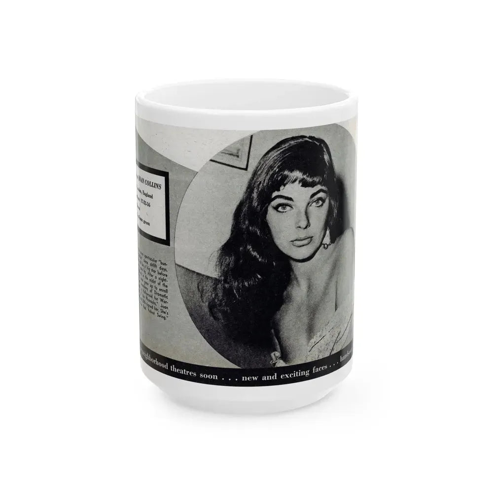 Joan Collins #688 - 1 B&W Portrait Head & Sholder Glamour Shot from Movie Star Magazine Circa 1950's (Vintage Female Icon) White Coffee Mug 15oz - Go Mug Yourself