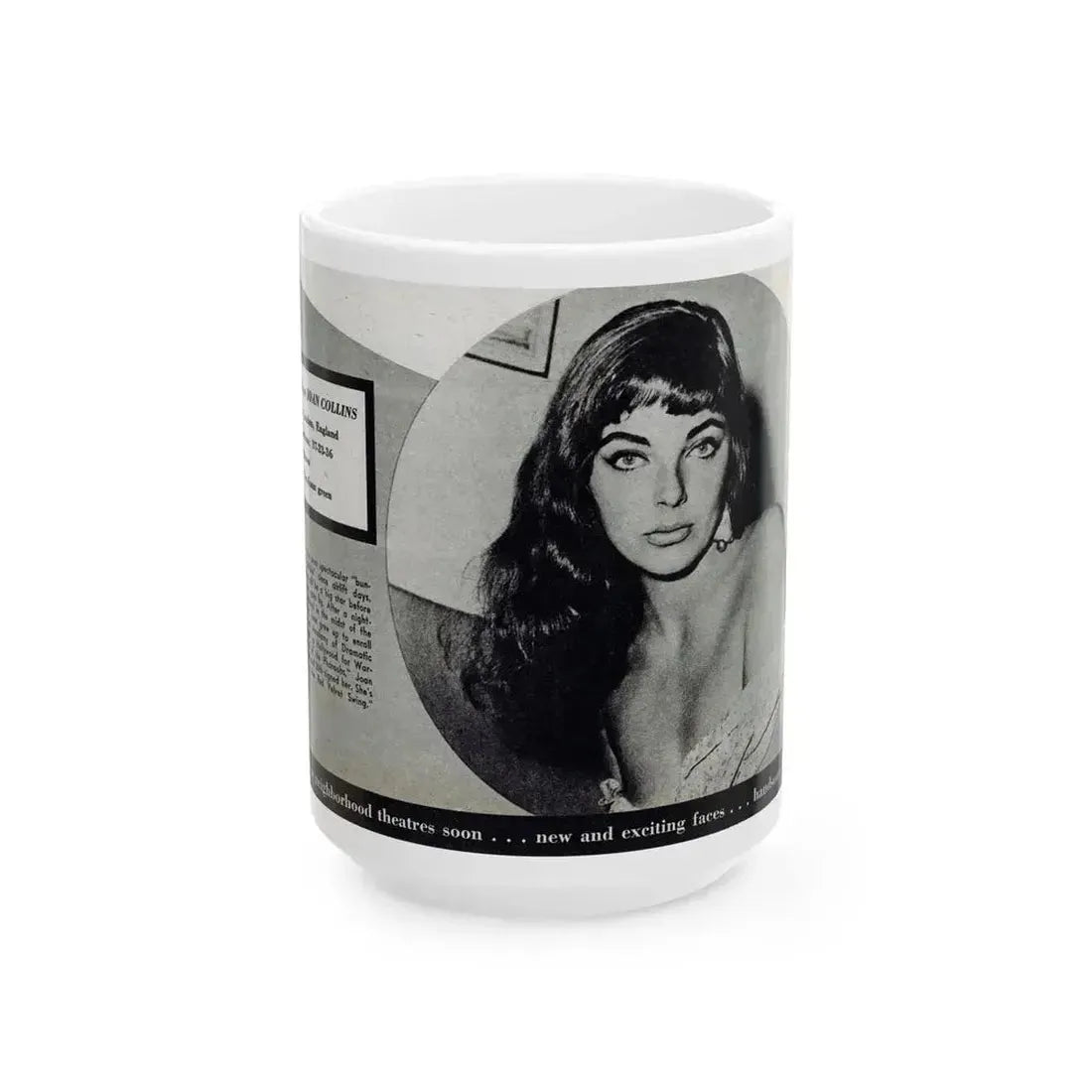 Joan Collins #688 - 1 B&W Portrait Head & Sholder Glamour Shot from Movie Star Magazine Circa 1950's (Vintage Female Icon) White Coffee Mug 15oz - Go Mug Yourself