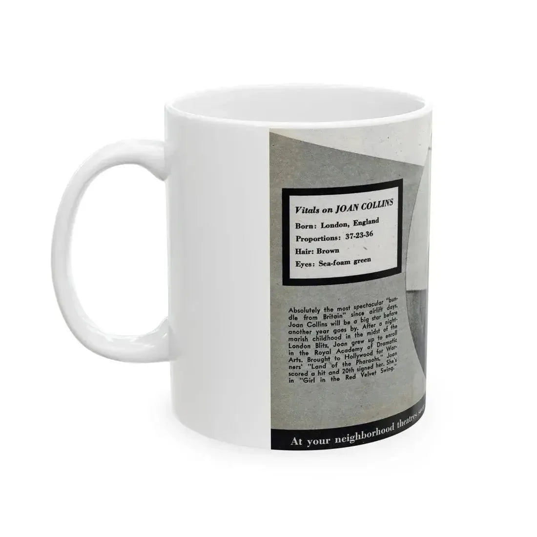 Joan Collins #688 - 1 B&W Portrait Head & Sholder Glamour Shot from Movie Star Magazine Circa 1950's (Vintage Female Icon) White Coffee Mug - Go Mug Yourself