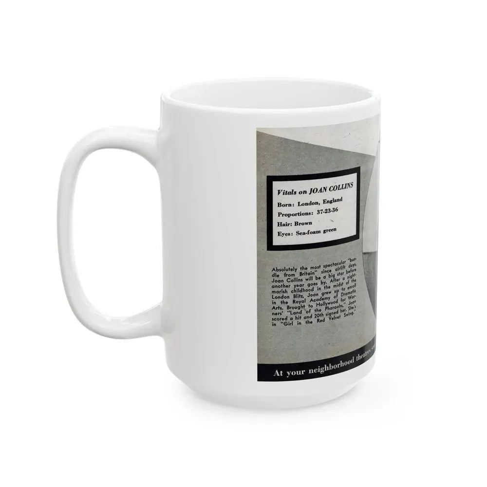 Joan Collins #688 - 1 B&W Portrait Head & Sholder Glamour Shot from Movie Star Magazine Circa 1950's (Vintage Female Icon) White Coffee Mug - Go Mug Yourself
