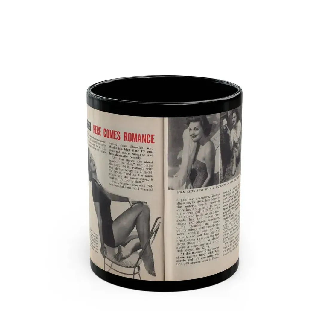 Joan Shawlee #47 - Pages 60 & 61 - Pages 1 & 2 of 3 with, Joan+3 B&W Photos, Captions & Article on her from People Today Pocket Mag. 1-26-55 (Vintage Female Icon) Black Coffee Mug 11oz - Go Mug Yourself