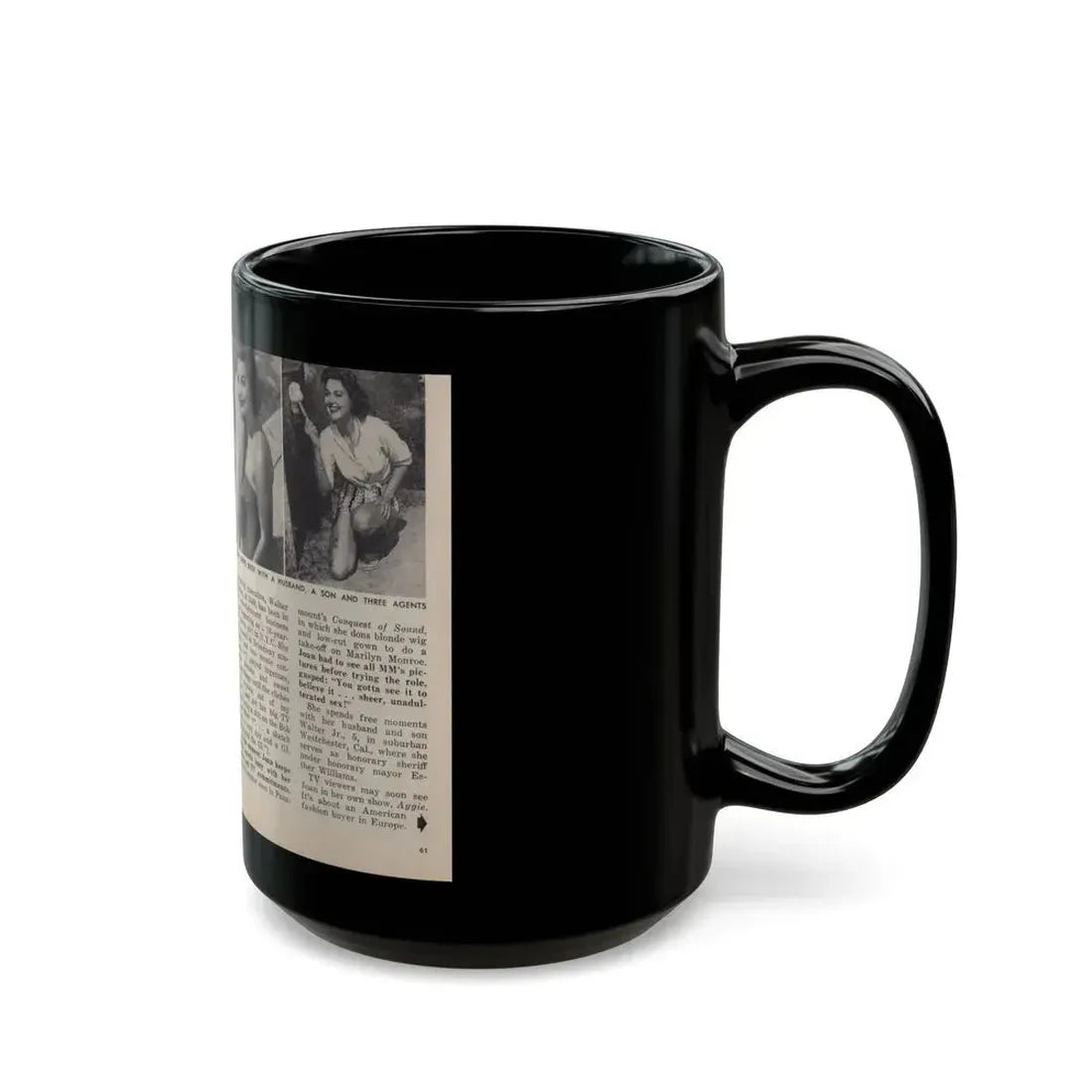 Joan Shawlee #47 - Pages 60 & 61 - Pages 1 & 2 of 3 with, Joan+3 B&W Photos, Captions & Article on her from People Today Pocket Mag. 1-26-55 (Vintage Female Icon) Black Coffee Mug - Go Mug Yourself