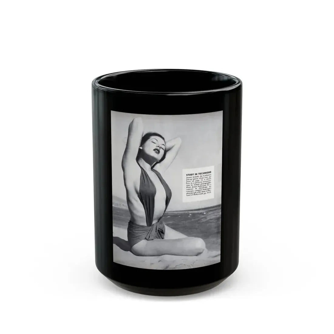 Joanne Arnold #100 - Inside of cover Intro to Jo Ann's Section 1 Caption & 1 B&W Photo from Modern Man Mag. Feb. '52 (Vintage Female Icon) Black Coffee Mug 15oz - Go Mug Yourself