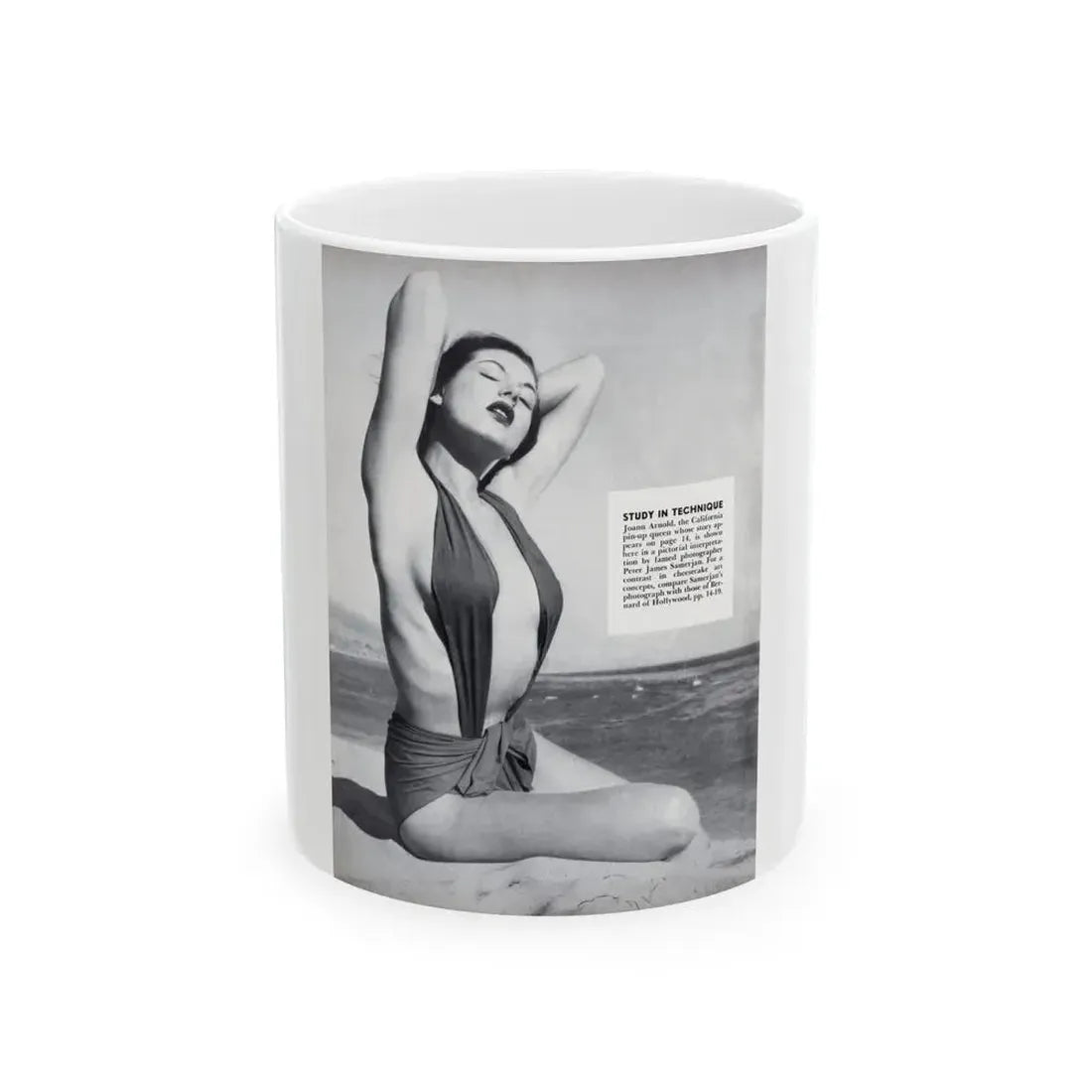 Joanne Arnold #100 - Inside of cover Intro to Jo Ann's Section 1 Caption & 1 B&W Photo from Modern Man Mag. Feb. '52 (Vintage Female Icon) White Coffee Mug 11oz - Go Mug Yourself