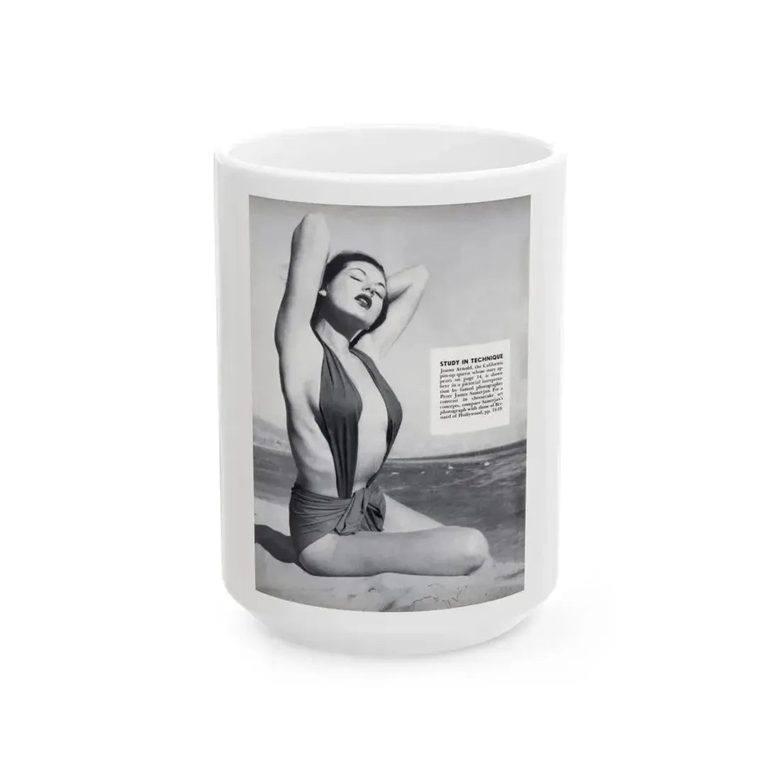 Joanne Arnold #100 - Inside of cover Intro to Jo Ann's Section 1 Caption & 1 B&W Photo from Modern Man Mag. Feb. '52 (Vintage Female Icon) White Coffee Mug 15oz - Go Mug Yourself