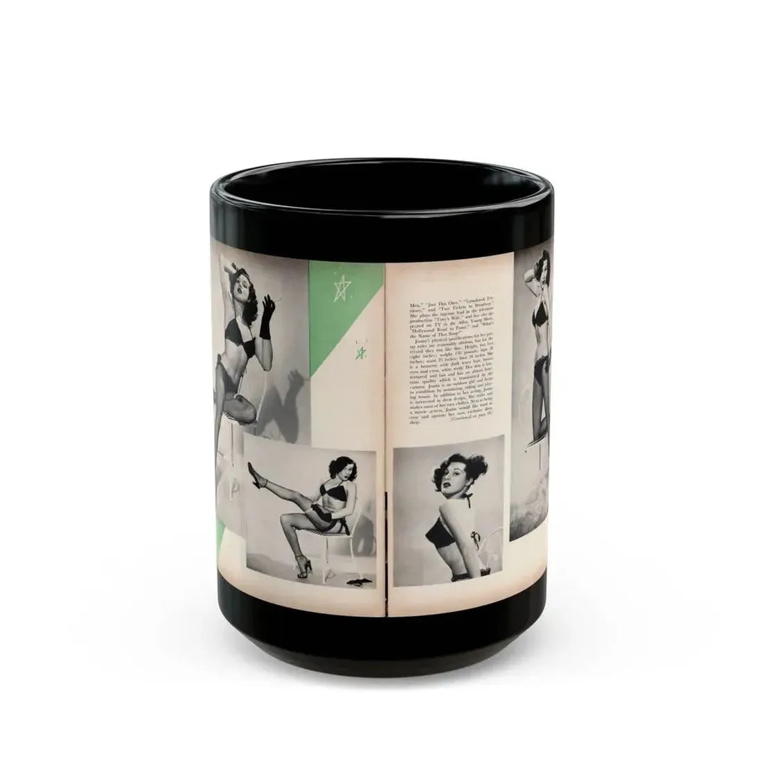 Joanne Arnold #102 - Pages 3 & 4 of 6 with, 4 B&W Photos & Article from Modern Man Mag. Feb. '52 (Vintage Female Icon) Black Coffee Mug 15oz - Go Mug Yourself