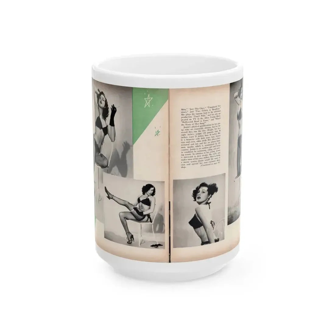 Joanne Arnold #102 - Pages 3 & 4 of 6 with, 4 B&W Photos & Article from Modern Man Mag. Feb. '52 (Vintage Female Icon) White Coffee Mug 15oz - Go Mug Yourself