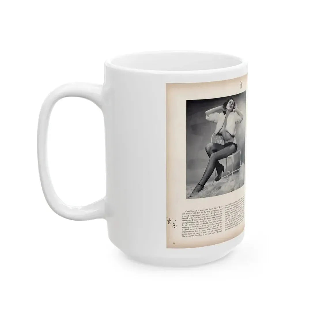 Joanne Arnold #103 - Pages 3 & 4 of 6 with, 4 B&W Photos & Article from Modern Man Mag. Feb. '52 (Vintage Female Icon) White Coffee Mug - Go Mug Yourself