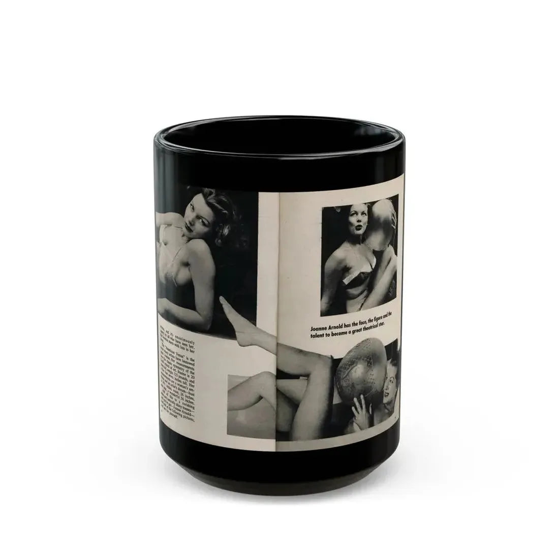 Joanne Arnold #65 - Pages 1 & 2 of 3 with, 3 B&W Photos, Captions & Short Article from Foto-rama Digest Mag. March '54 (Vintage Female Icon) Black Coffee Mug 15oz - Go Mug Yourself