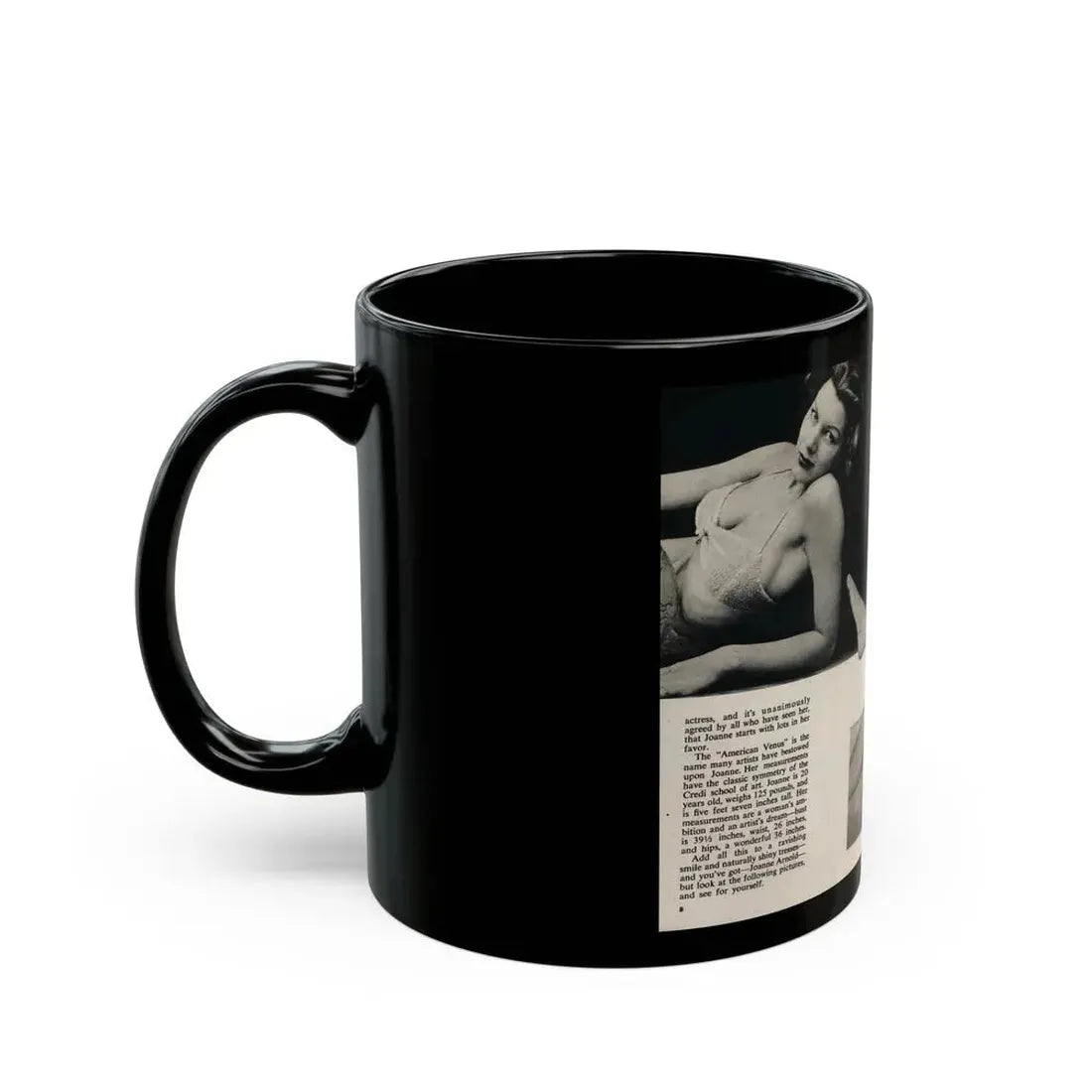 Joanne Arnold #65 - Pages 1 & 2 of 3 with, 3 B&W Photos, Captions & Short Article from Foto-rama Digest Mag. March '54 (Vintage Female Icon) Black Coffee Mug - Go Mug Yourself