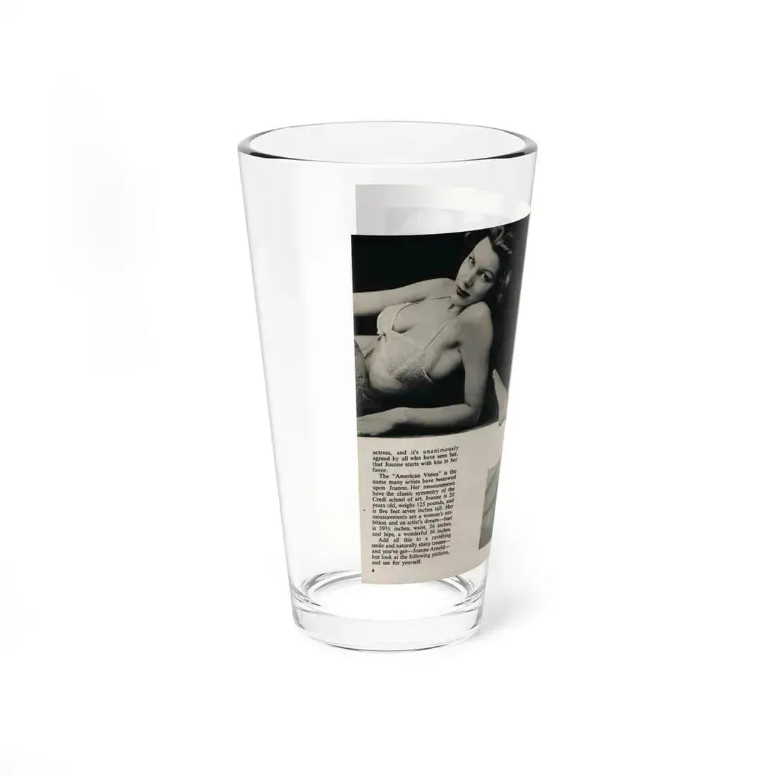 Joanne Arnold #65 - Pages 1 & 2 of 3 with, 3 B&W Photos, Captions & Short Article from Foto-rama Digest Mag. March '54 (Vintage Female Icon) Pint Glass 16oz - Go Mug Yourself