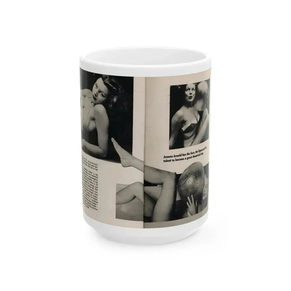 Joanne Arnold #65 - Pages 1 & 2 of 3 with, 3 B&W Photos, Captions & Short Article from Foto-rama Digest Mag. March '54 (Vintage Female Icon) White Coffee Mug 15oz - Go Mug Yourself
