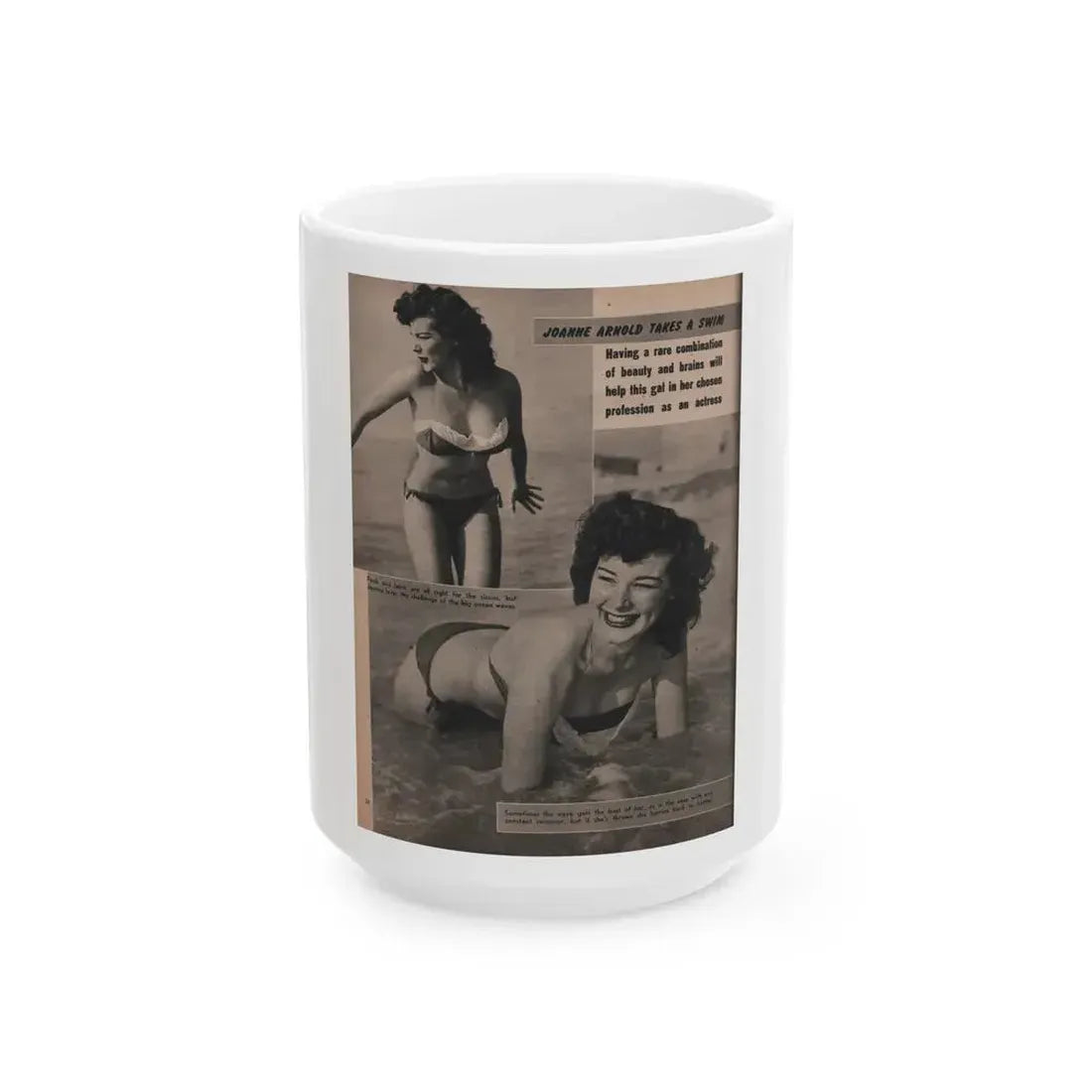 Joanne Arnold #73 - Pages 3 & 4 of 4 with, 2 B&W Photos & Captions from LAFF Annual Mag. Fall '53 (Vintage Female Icon) White Coffee Mug 15oz - Go Mug Yourself
