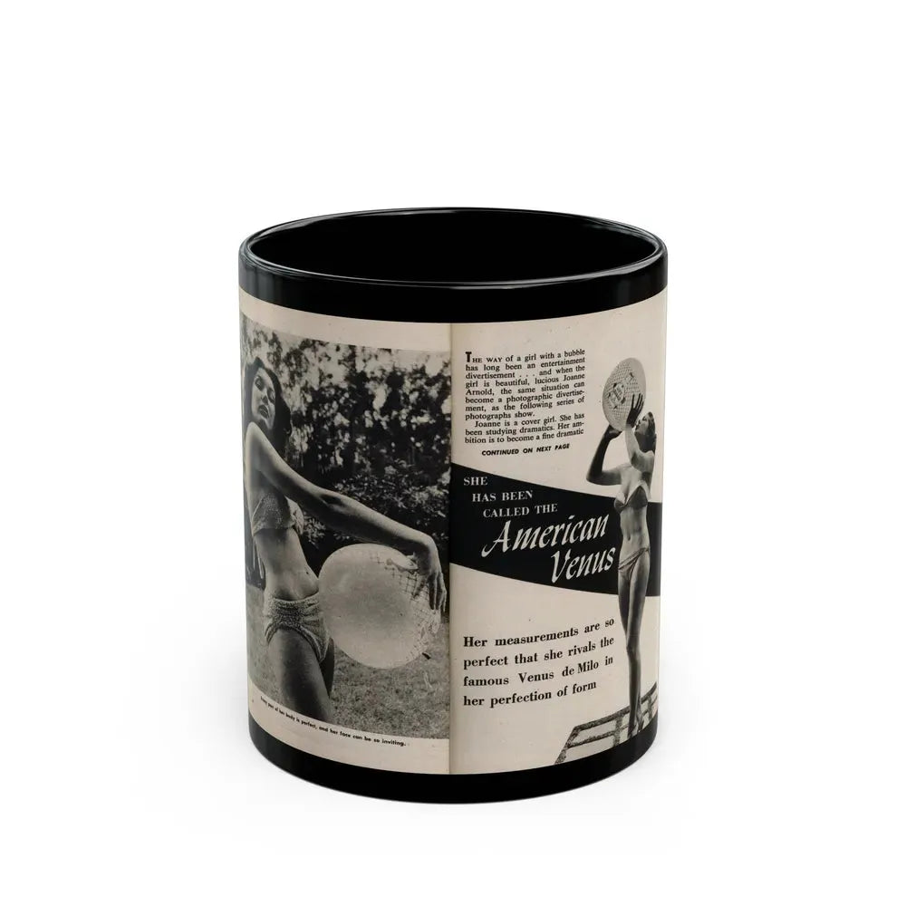 Joanne Arnold #94 - Pages 1 & 2 of 2 with, 2 B&W Photos, Captions & Short Article from Foto-rama Digest Mag. March '54 (Vintage Female Icon) Black Coffee Mug 11oz - Go Mug Yourself