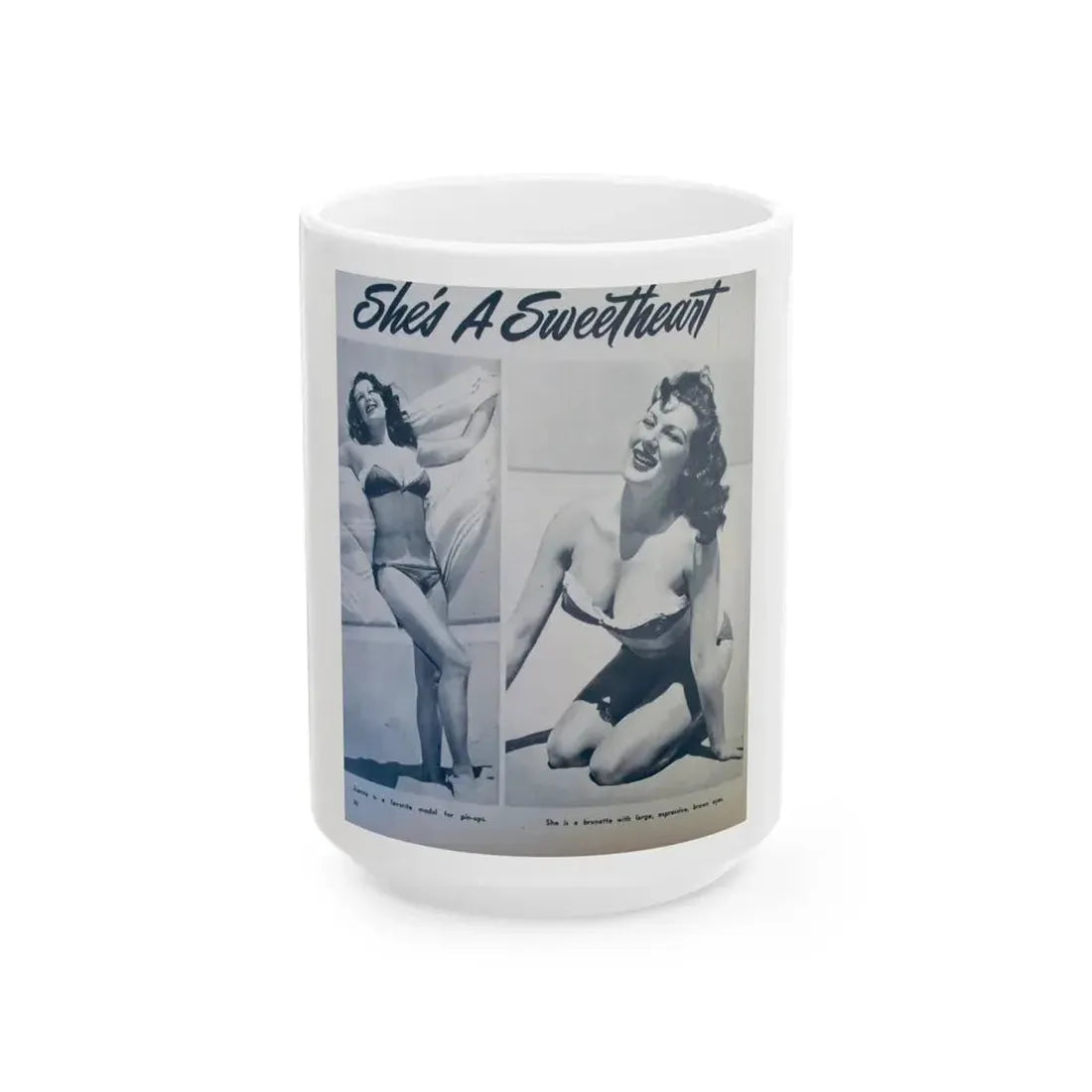 Joanne Arnold #96 - 2 B&W Photos & Captions from early 50's Pin-Up Magazine Page (Vintage Female Icon) White Coffee Mug 15oz - Go Mug Yourself