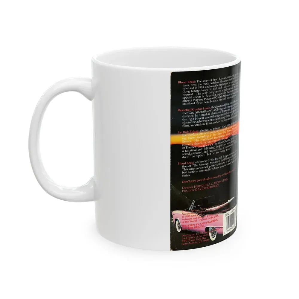 JOE BOB BRIGGS PRESENTS BLOOD FEAST THE SLEAZIEST MOVIES IN THE HISTORY OF THE WORLD (VHS COVER) - White Coffee Mug - Go Mug Yourself