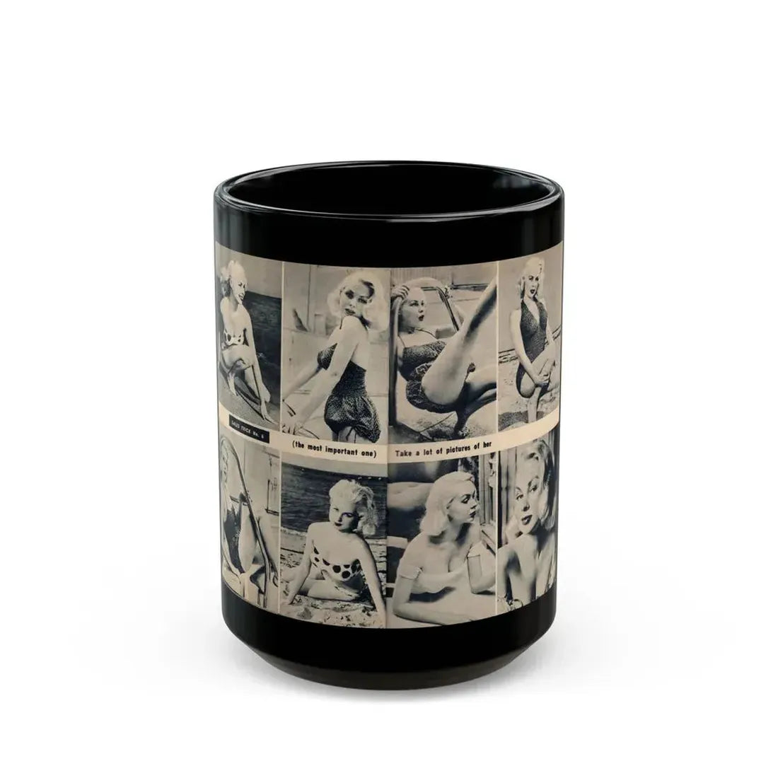 Joi Lansing #210 - 2 Pages, 8 B&W Photos & 2 Captions from EYE Digest Mag. June '55 1 (Vintage Female Icon) Black Coffee Mug 15oz - Go Mug Yourself