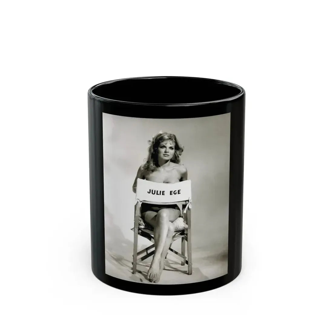 Julie Ege #270 - 8x10 B&W Full Body Semi Nude from 70's via a HQ LQ Re-Strike from (Vintage Female Icon) Black Coffee Mug 11oz - Go Mug Yourself
