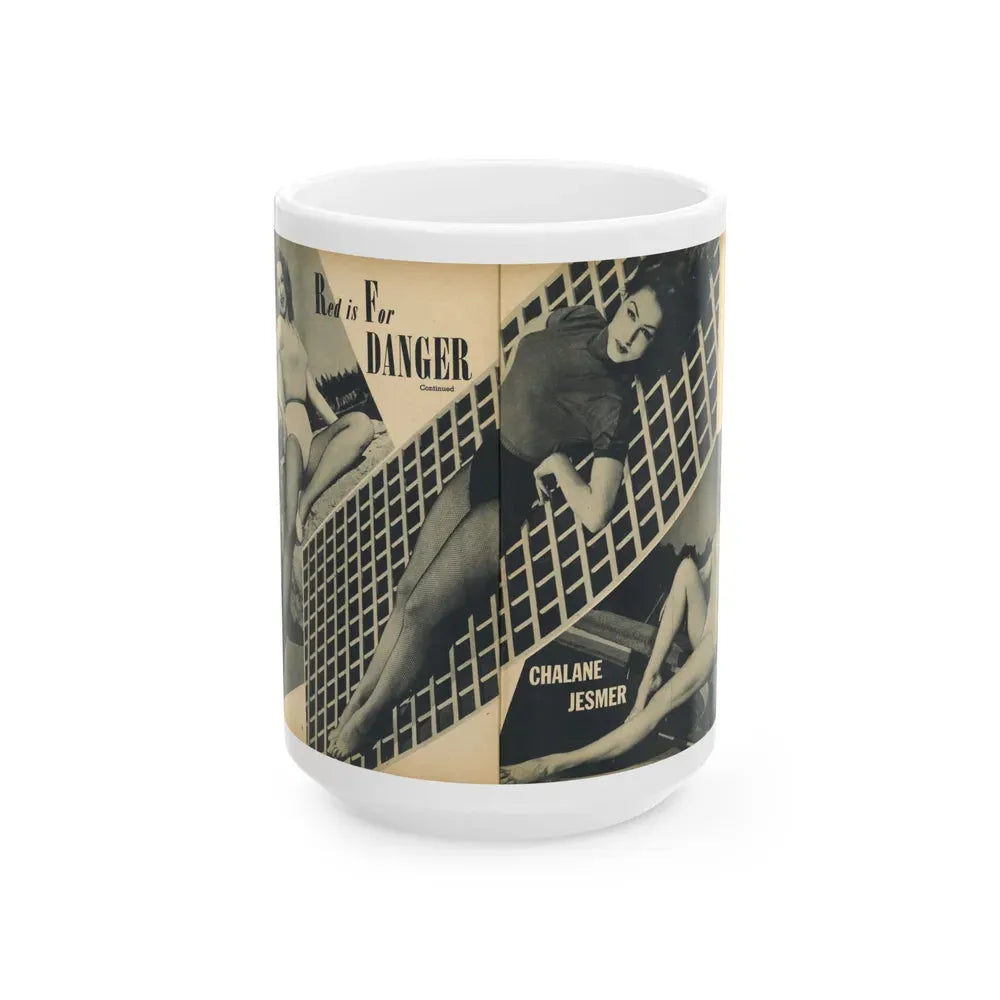 Julie Newmar #169 - Pages 16-17 Pages 2 & 3 of 5 with, Julie+ 3 Large B&W Photos from COVER GIRLS MODELS Mag. Nov. '53 (Vintage Female Icon) White Coffee Mug 15oz - Go Mug Yourself