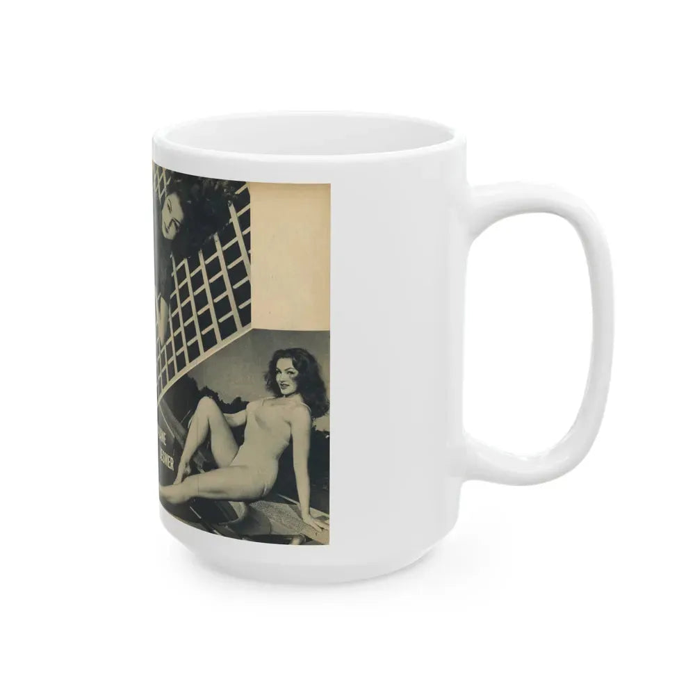 Julie Newmar #169 - Pages 16-17 Pages 2 & 3 of 5 with, Julie+ 3 Large B&W Photos from COVER GIRLS MODELS Mag. Nov. '53 (Vintage Female Icon) White Coffee Mug - Go Mug Yourself