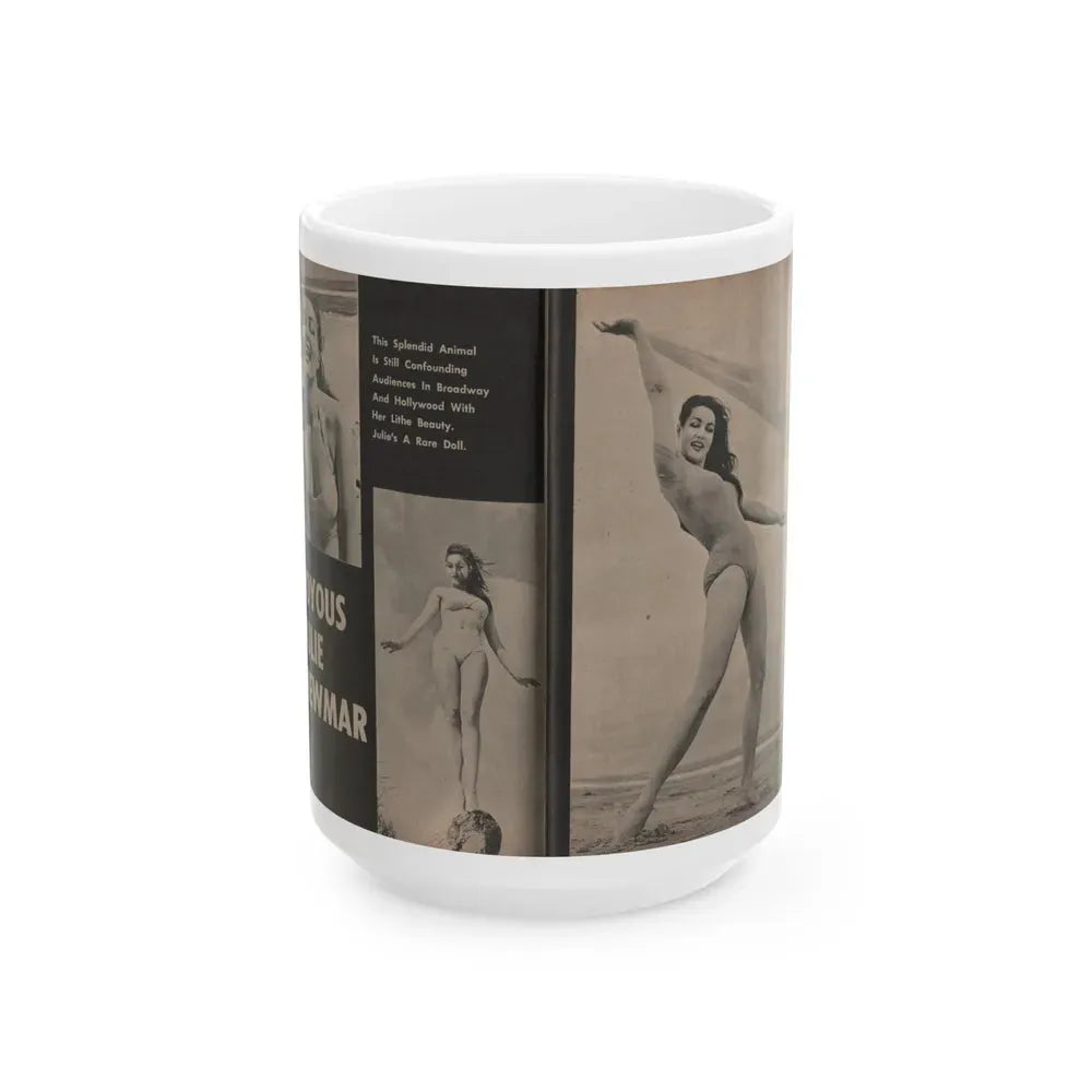 Julie Newmar #351 - Pages 38 & 39 Pages 2 & 3 of 3 with, Julie+3 B&W Photos from JOY Digest Mag. Feb. '60 (Vintage Female Icon) White Coffee Mug 15oz - Go Mug Yourself