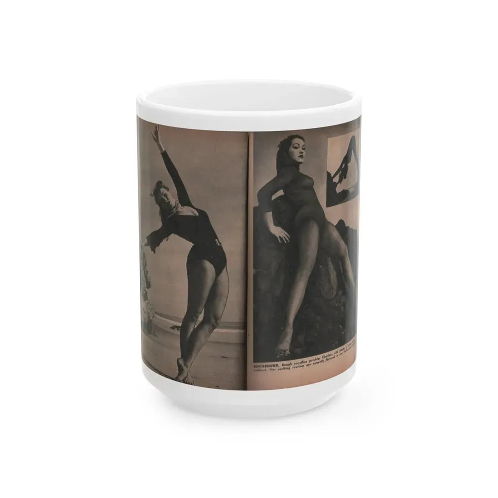Julie Newmar #354 - Pages 42 & 43 Pages 5 & 6 of 6 with, Julie+3 B&W Photos & 1 Caption from PHOTO Digest Mag. Oct. '53 (Vintage Female Icon) White Coffee Mug 15oz - Go Mug Yourself