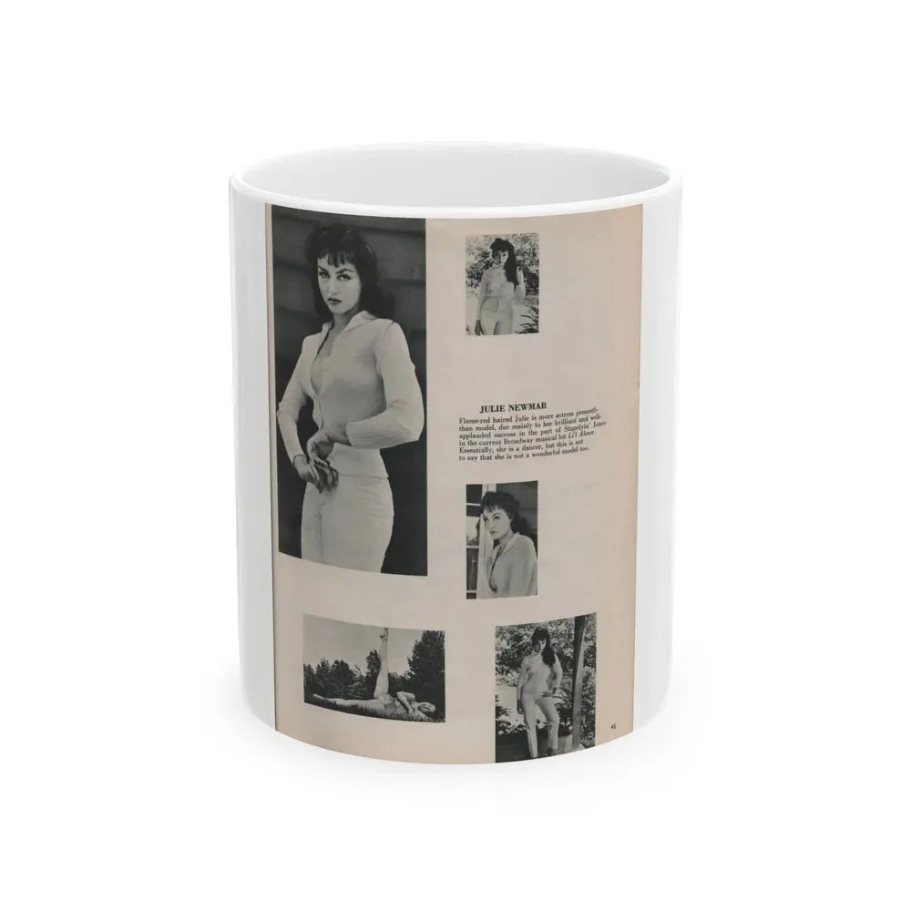Julie Newmar #453 - Pages 45 Pages 2 of 2 with, Julie+5 B&W Photos & Caption from Bachelor Pin-Ups Issue #01 Mag. '57 (Vintage Female Icon) White Coffee Mug 11oz - Go Mug Yourself