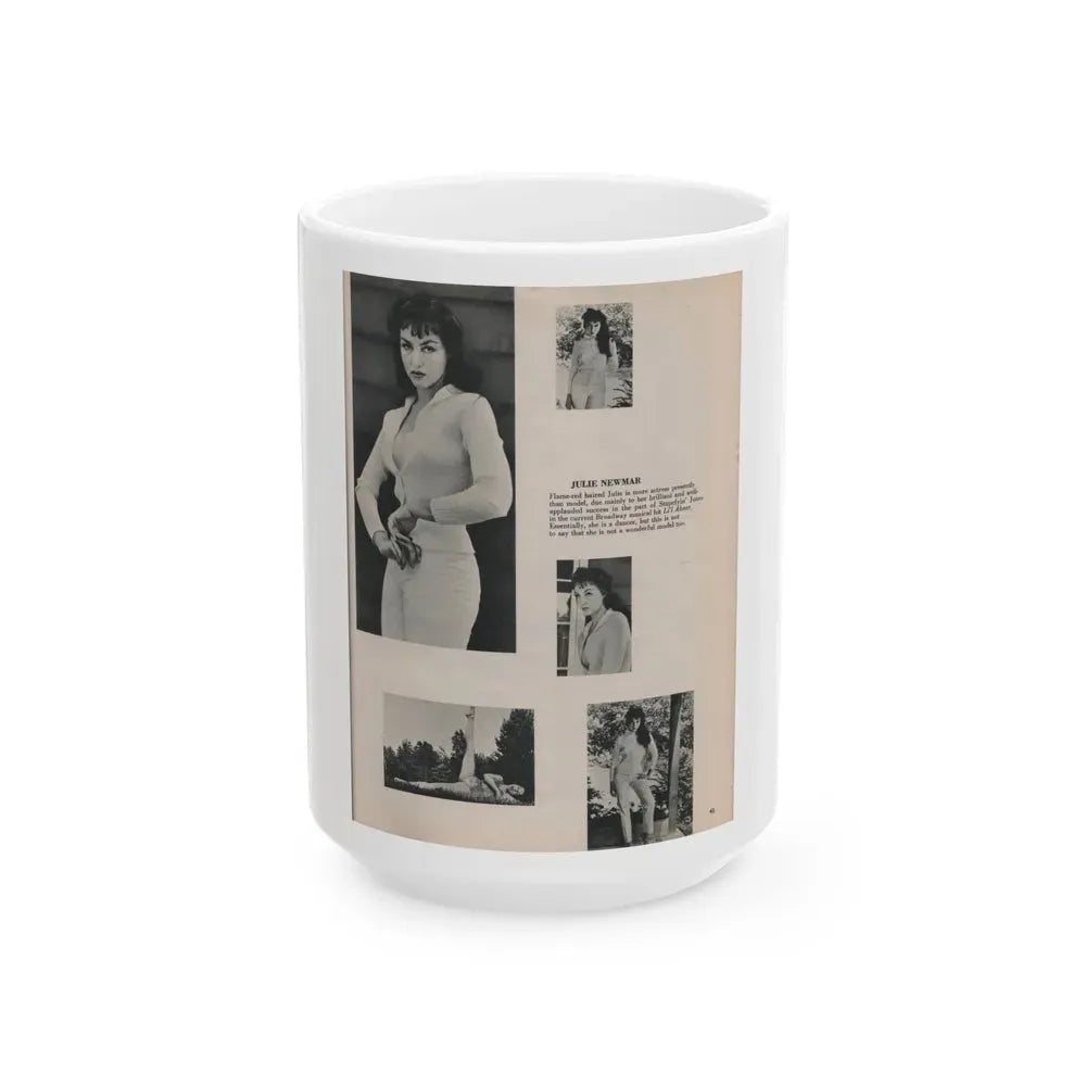 Julie Newmar #453 - Pages 45 Pages 2 of 2 with, Julie+5 B&W Photos & Caption from Bachelor Pin-Ups Issue #01 Mag. '57 (Vintage Female Icon) White Coffee Mug 15oz - Go Mug Yourself