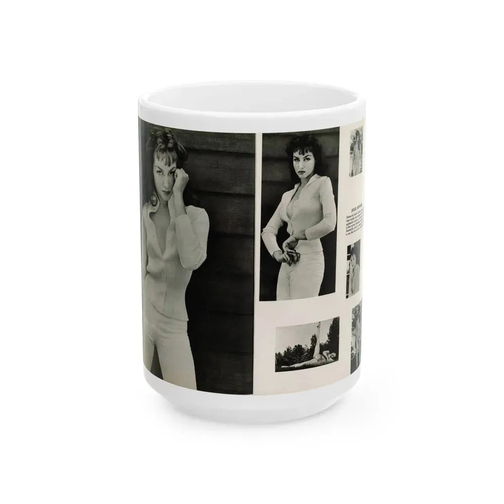 Julie Newmar #454 - Pages 44-45 Pages 1 & 2 of 2 with, Julie+6 B&W Photos & Caption from Bachelor Pin-Ups Issue #01 Mag. '57 (Vintage Female Icon) White Coffee Mug 15oz - Go Mug Yourself