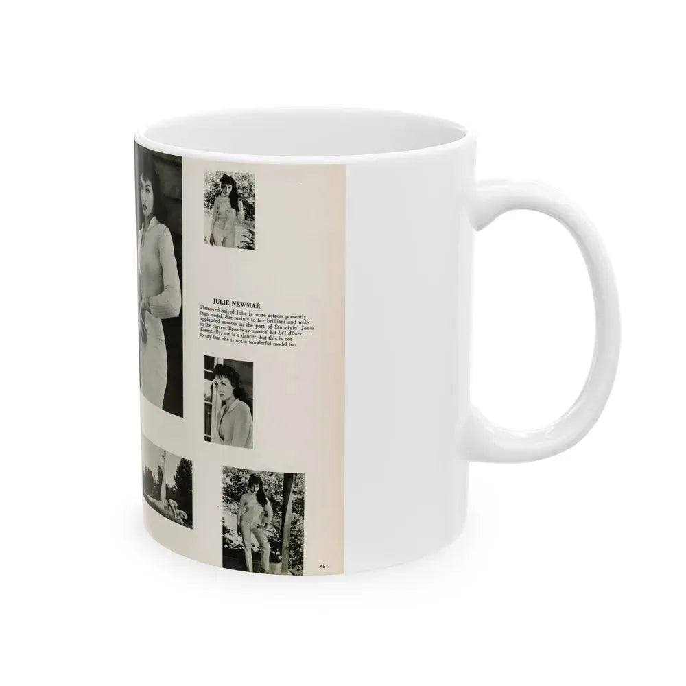 Julie Newmar #454 - Pages 44-45 Pages 1 & 2 of 2 with, Julie+6 B&W Photos & Caption from Bachelor Pin-Ups Issue #01 Mag. '57 (Vintage Female Icon) White Coffee Mug - Go Mug Yourself