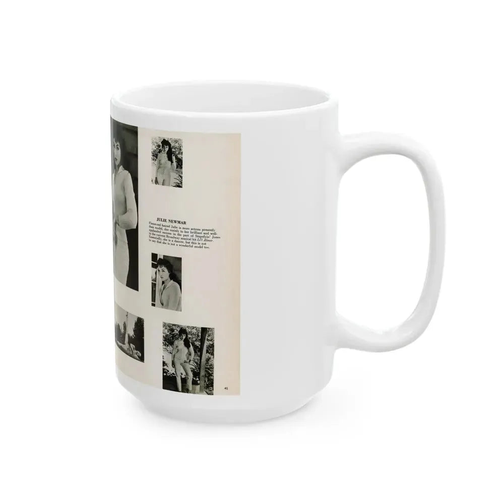 Julie Newmar #454 - Pages 44-45 Pages 1 & 2 of 2 with, Julie+6 B&W Photos & Caption from Bachelor Pin-Ups Issue #01 Mag. '57 (Vintage Female Icon) White Coffee Mug - Go Mug Yourself