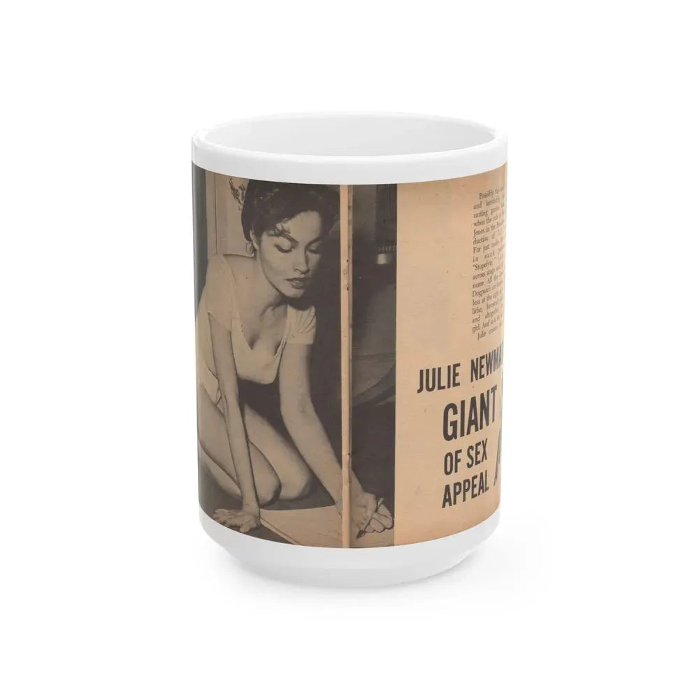 Julie Newmar #482 - Pages 36-37 Pages, 1 & 2 of 5 with, Julie+2 B&W Photos, Caption & Article from Glance Pocket Mag. Dec. '57 (Vintage Female Icon) White Coffee Mug 15oz - Go Mug Yourself