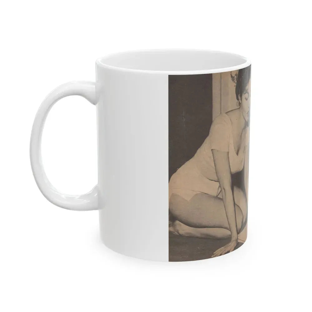 Julie Newmar #482 - Pages 36-37 Pages, 1 & 2 of 5 with, Julie+2 B&W Photos, Caption & Article from Glance Pocket Mag. Dec. '57 (Vintage Female Icon) White Coffee Mug - Go Mug Yourself