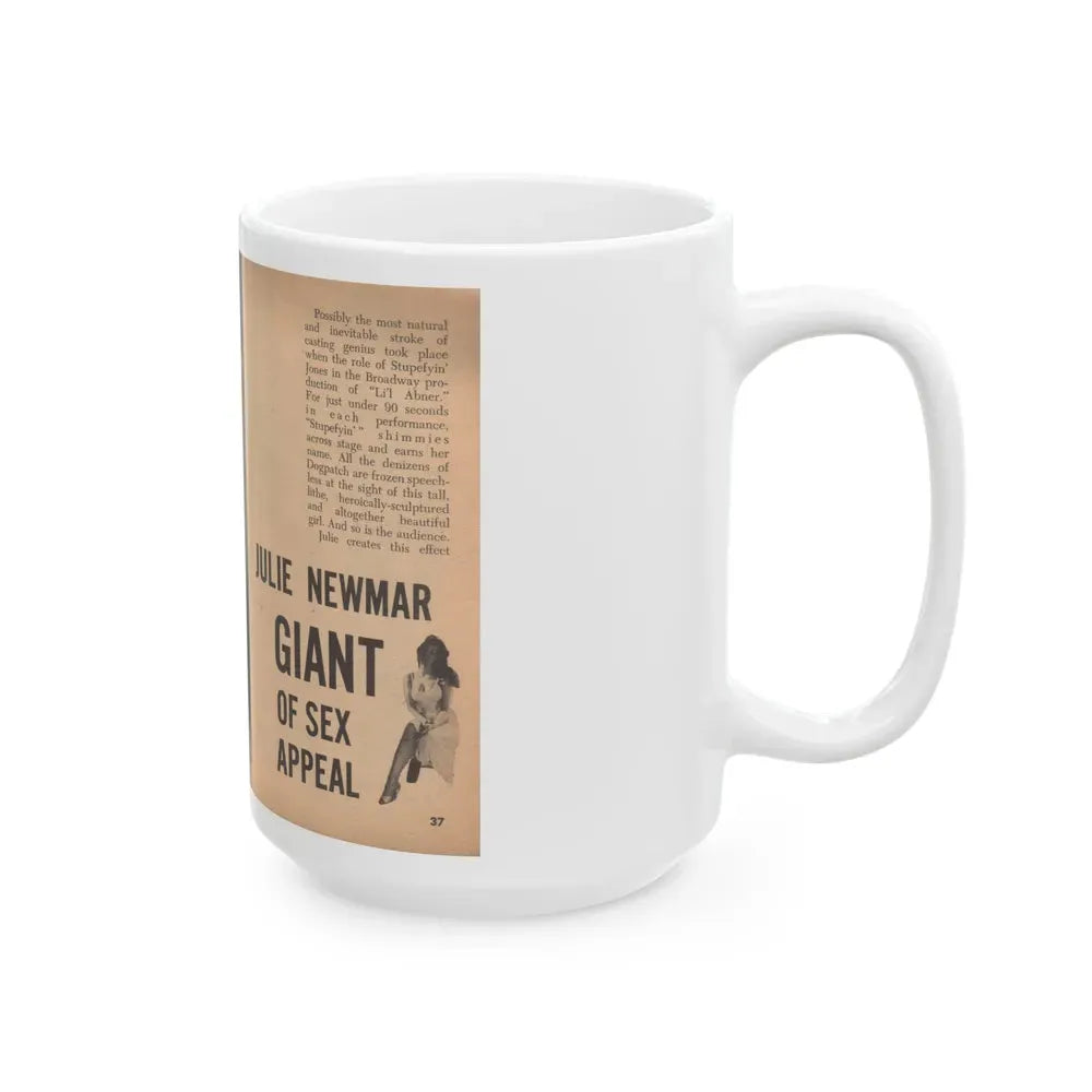 Julie Newmar #482 - Pages 36-37 Pages, 1 & 2 of 5 with, Julie+2 B&W Photos, Caption & Article from Glance Pocket Mag. Dec. '57 (Vintage Female Icon) White Coffee Mug - Go Mug Yourself