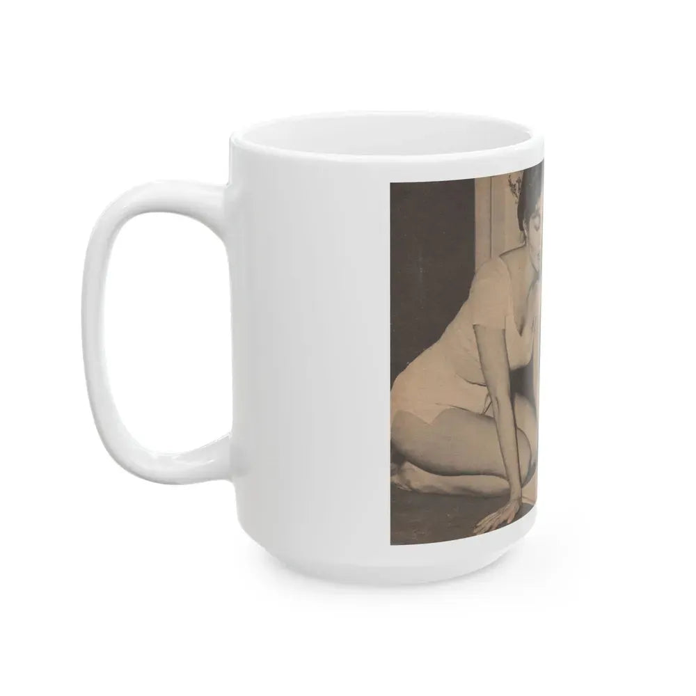 Julie Newmar #482 - Pages 36-37 Pages, 1 & 2 of 5 with, Julie+2 B&W Photos, Caption & Article from Glance Pocket Mag. Dec. '57 (Vintage Female Icon) White Coffee Mug - Go Mug Yourself