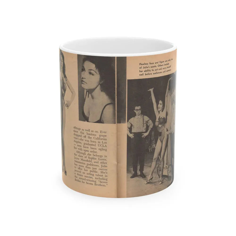 Julie Newmar #483 - Pages 38-39 Pages, 3 & 4 of 5 with, Julie+3 B&W Photos, Caption & Article from Glance Pocket Mag. Dec. '57 (Vintage Female Icon) White Coffee Mug 11oz - Go Mug Yourself