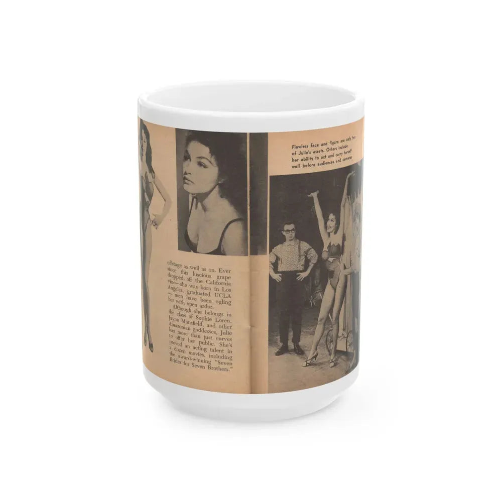 Julie Newmar #483 - Pages 38-39 Pages, 3 & 4 of 5 with, Julie+3 B&W Photos, Caption & Article from Glance Pocket Mag. Dec. '57 (Vintage Female Icon) White Coffee Mug 15oz - Go Mug Yourself