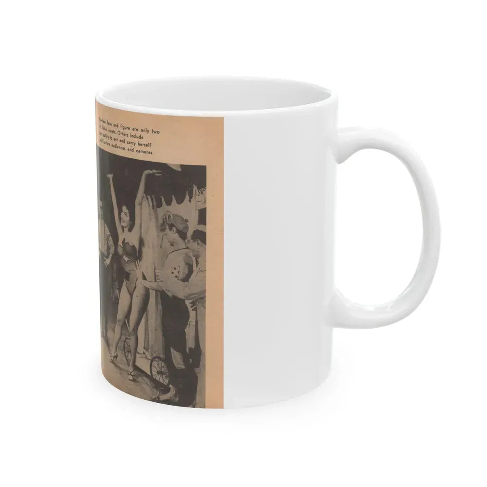 Julie Newmar #483 - Pages 38-39 Pages, 3 & 4 of 5 with, Julie+3 B&W Photos, Caption & Article from Glance Pocket Mag. Dec. '57 (Vintage Female Icon) White Coffee Mug - Go Mug Yourself