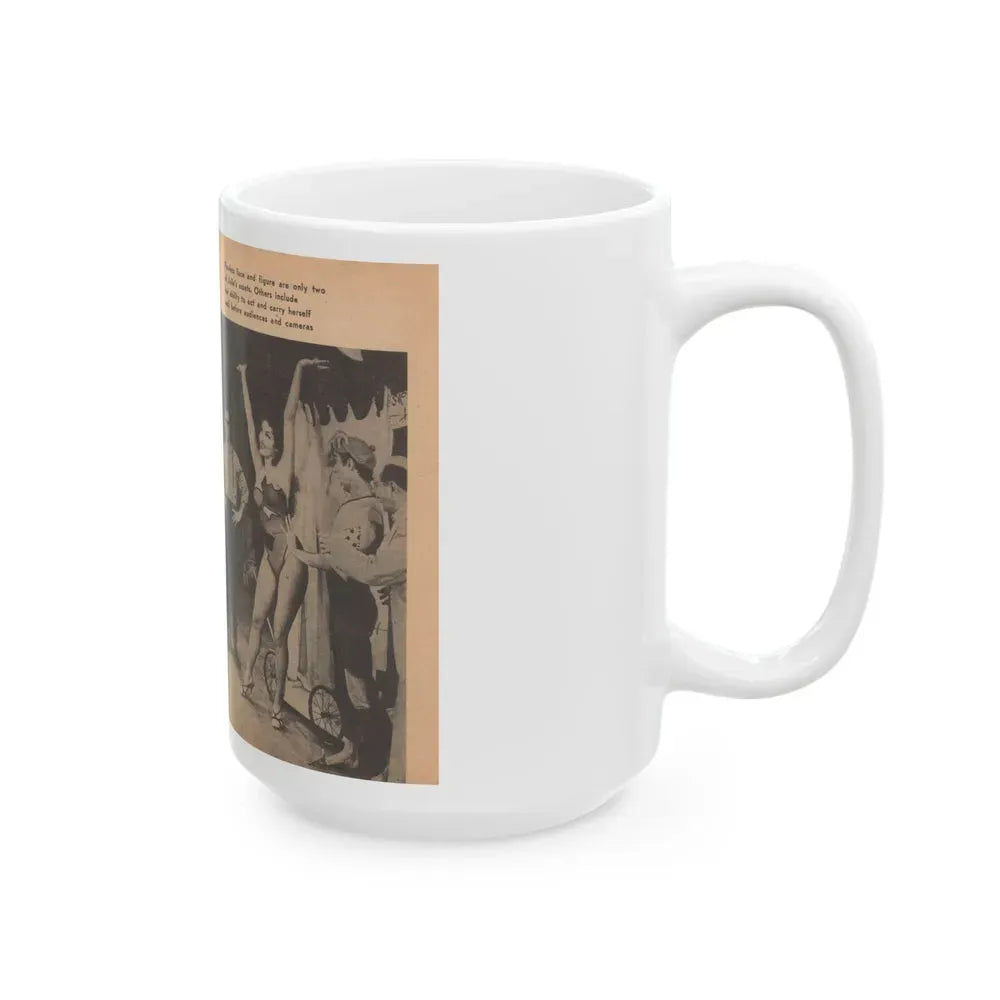 Julie Newmar #483 - Pages 38-39 Pages, 3 & 4 of 5 with, Julie+3 B&W Photos, Caption & Article from Glance Pocket Mag. Dec. '57 (Vintage Female Icon) White Coffee Mug - Go Mug Yourself