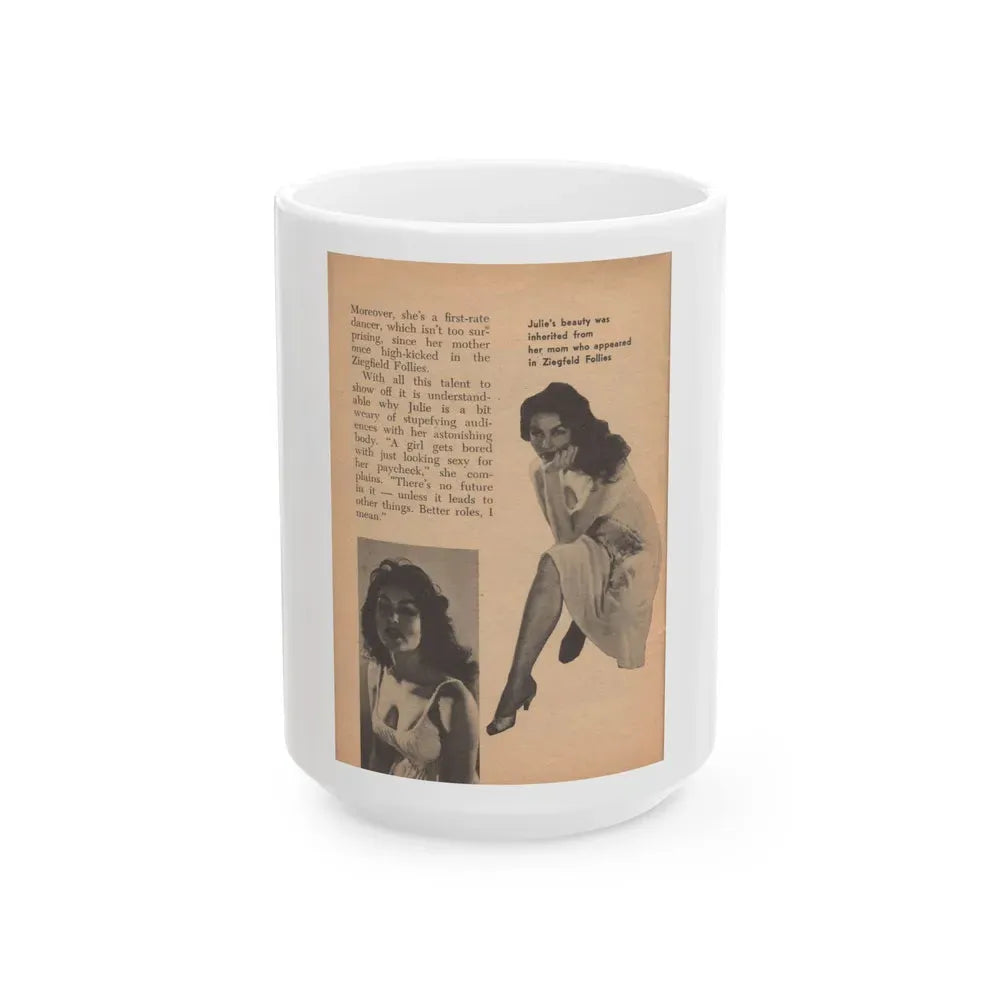 Julie Newmar #484 - Pages 40 Pages, 5 of 5 with, Julie+2 B&W Photos, Caption & Article from Glance Pocket Mag. Dec. '57 (Vintage Female Icon) White Coffee Mug 15oz - Go Mug Yourself