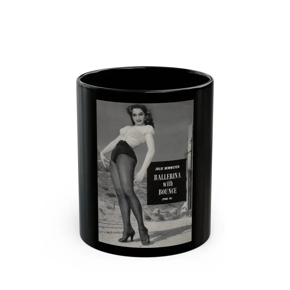Julie Newmar #495 - Reverse side of back cover with, Intro to Julie and 1 B&W Photo & Caption from EYE Digest Mag. December '54 (Vintage Female Icon) Black Coffee Mug 11oz - Go Mug Yourself